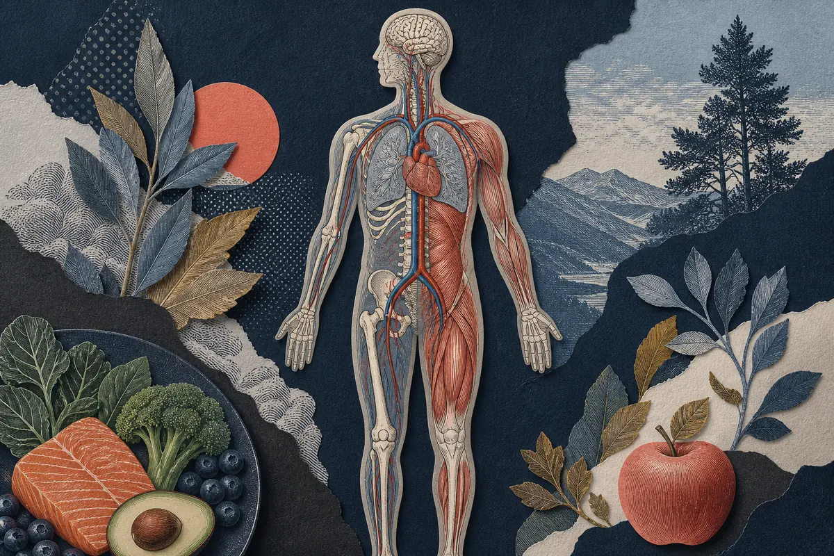 Medical-atlas figure showing interconnected brain, heart, lungs, muscles, bones, and circulation with food and landscape elements.