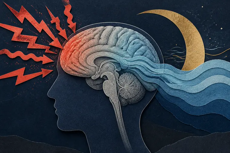 Side-profile brain illustration showing sharp stress signals transitioning toward calm waves and nighttime.