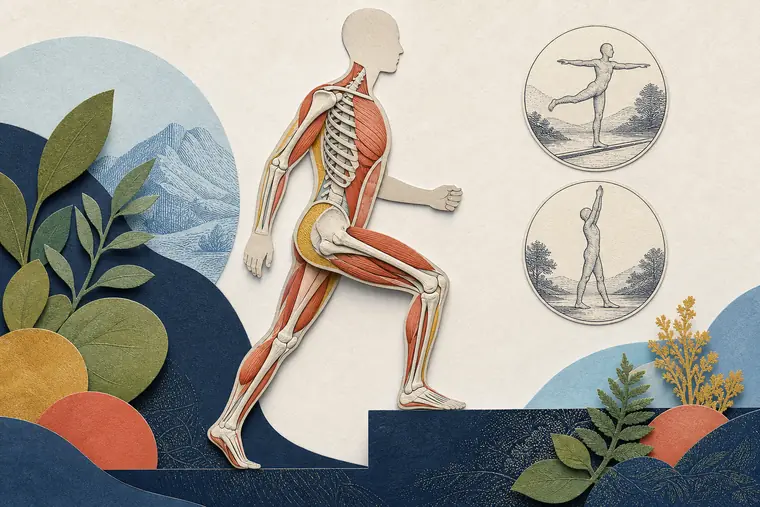Faceless anatomical paper figure stepping forward, with visible bones, muscles, joints, and balance insets.