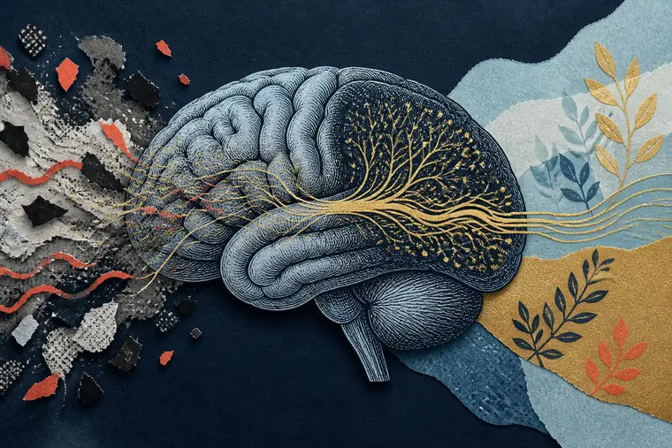 Engraved brain with scattered signals resolving into an organized neural pathway.
