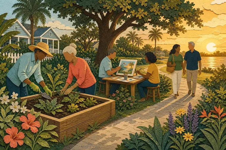 Faceless adults gardening, making art together, and walking through a Florida neighborhood garden at golden hour.