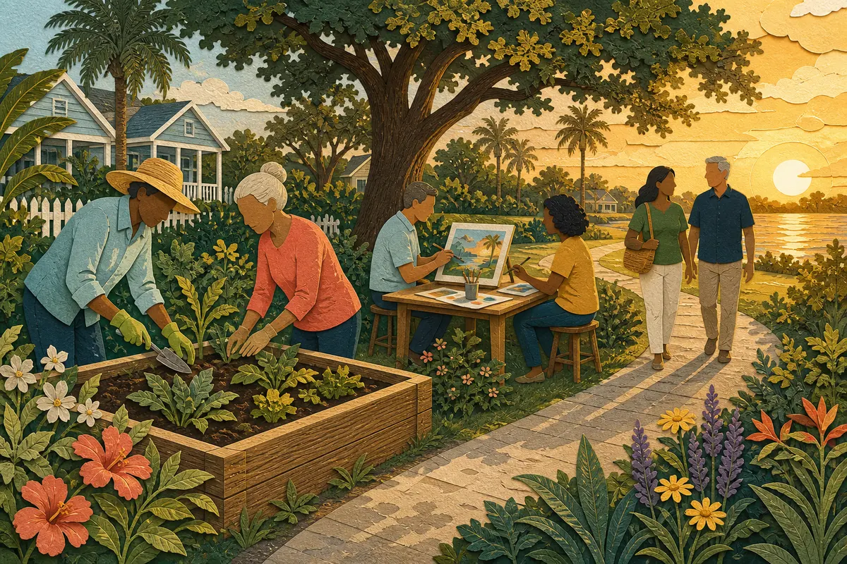 Faceless adults gardening, making art together, and walking through a Florida neighborhood garden at golden hour.