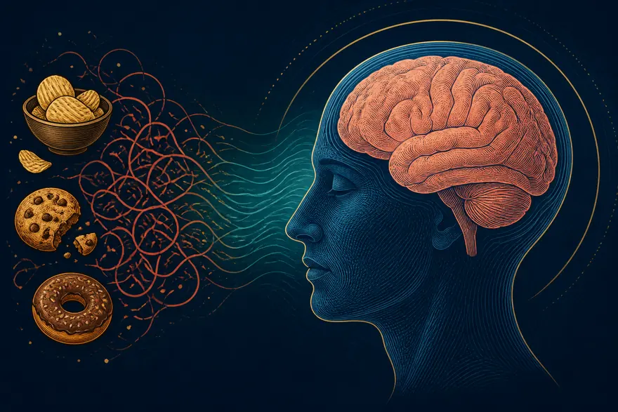 Conceptual illustration of tangled food signals becoming calm waves near the brain.