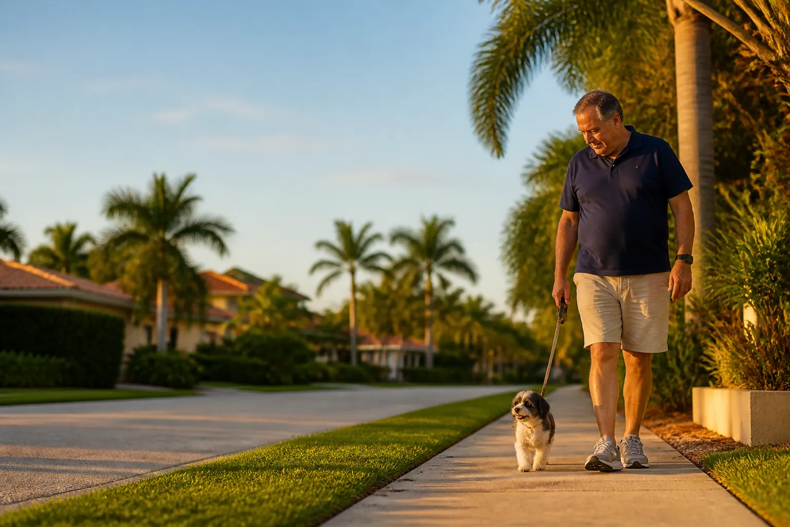 A man walking his dog along a palm-lined street at golden hour.