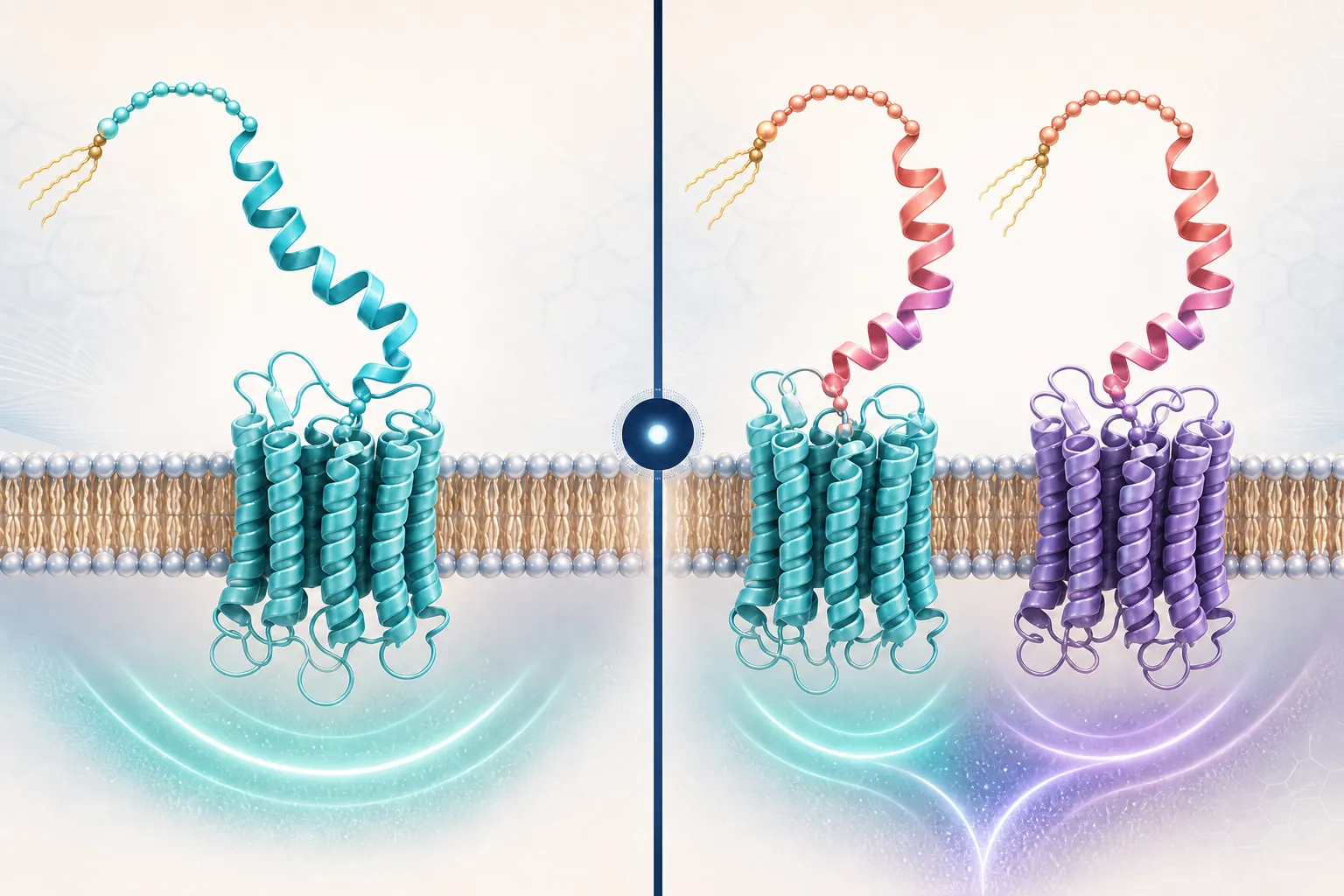 Conceptual comparison of a single GLP-1 receptor pathway with combined GIP and GLP-1 receptor pathways.